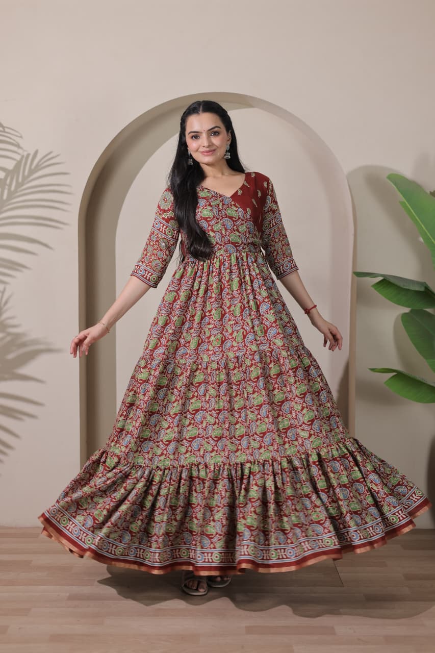 Tiered Angarakha Gown | Embroidered Silk Blend Flared Ethnic Dress
