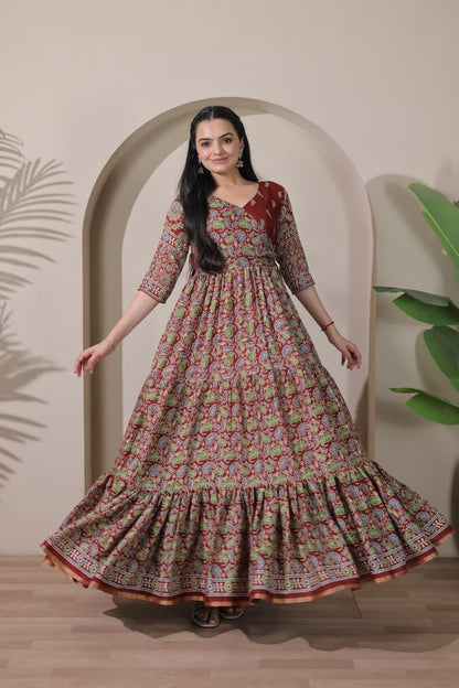 Tiered Angarakha Gown | Embroidered Silk Blend Flared Ethnic Dress